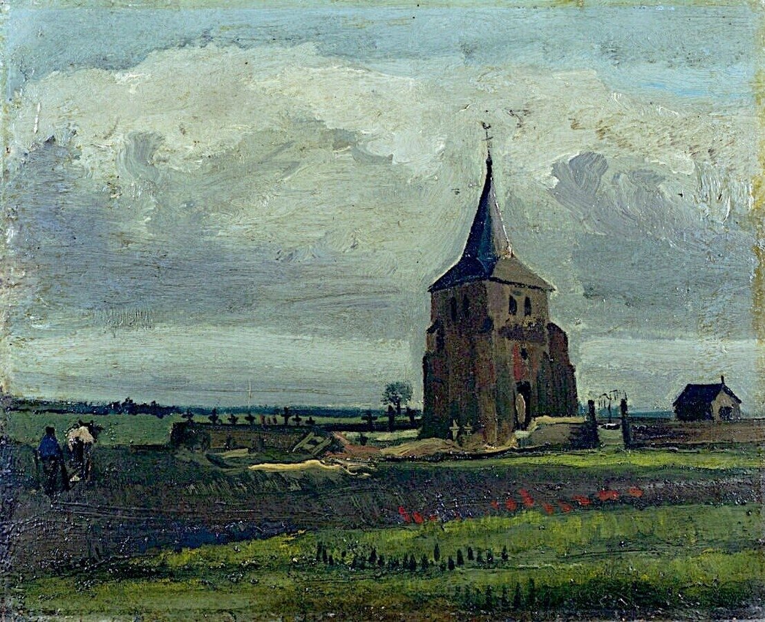 Stará hřbitovní věž v Nuenenu s rabujícími zemědělci od Vincent van Gogh