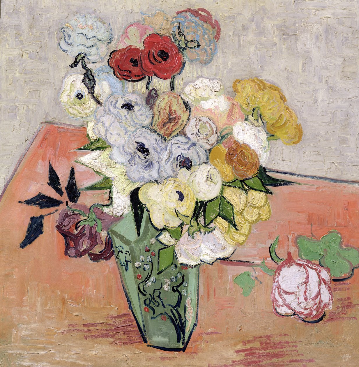 Japonská váza s růžemi a sasankami, 1890 od Vincent van Gogh