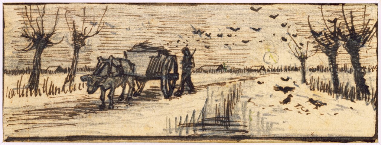 Ox-Cart in the Snow, ze série čtyř kreseb představujících čtyři roční období (tužka, pero a hnědý inkoust na papíře) (viz také 61644-6) od Vincent van Gogh