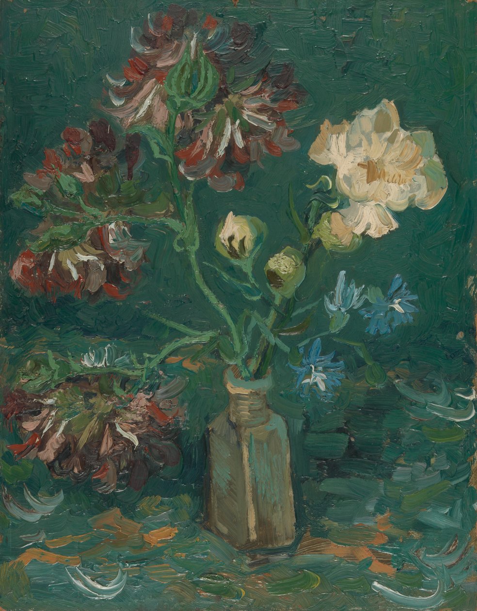 Malá láhev s pivoňkami a modrými delfinii od Vincent van Gogh
