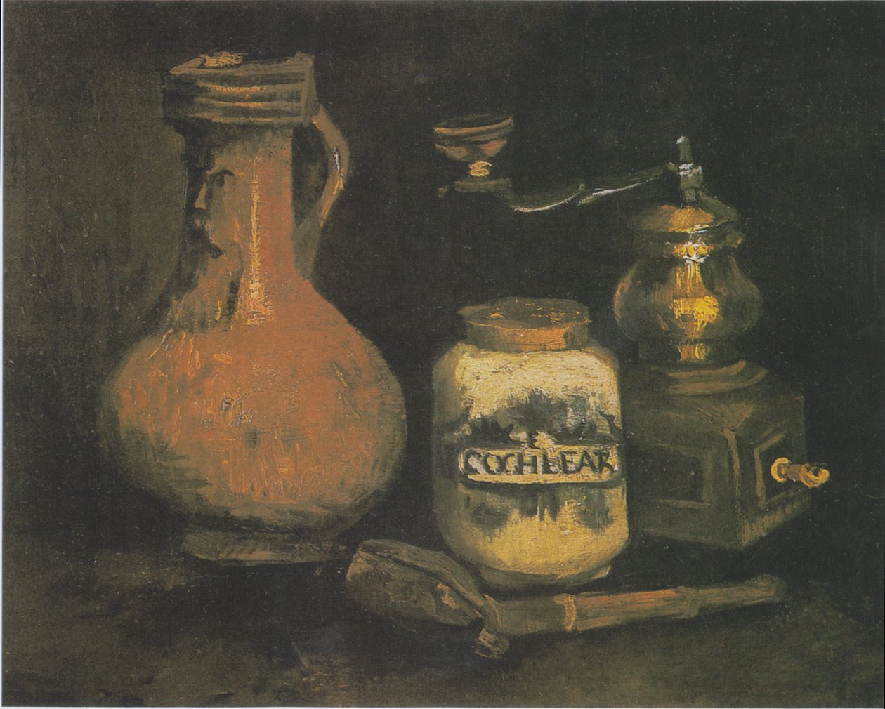 Zátiší s hrnkem Bartmann, mlýnkem na kávu a pouzdrem na dýmku od Vincent van Gogh