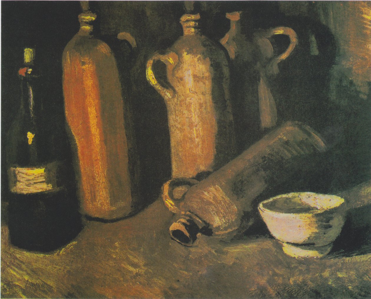 Zátiší se čtyřmi džbány, lahví a bílou miskou od Vincent van Gogh