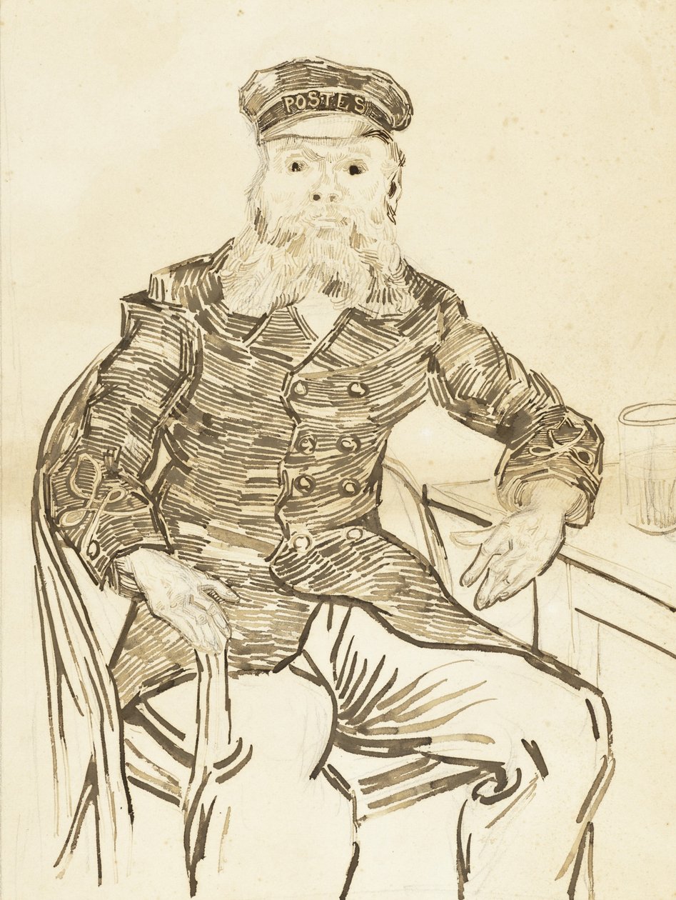 Pošťák Joseph Roulin, 1888 (hnědý inkoust přes grafit na papíře) od Vincent van Gogh