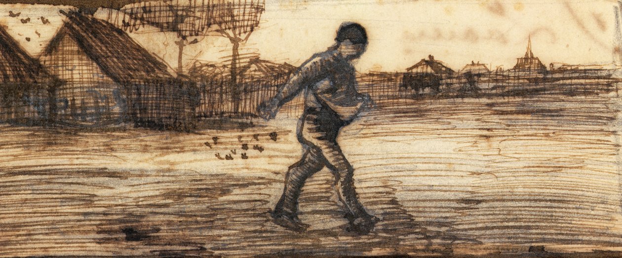 Rozsévač ze série čtyř kreseb představujících čtyři roční období (tužka, pero a hnědý inkoust na papíře) (viz také 61643-4-6) od Vincent van Gogh