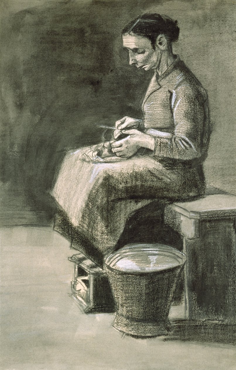 Žena loupající brambory, 1882 (černá křída a omývání zesílené bílou na papíře) od Vincent van Gogh
