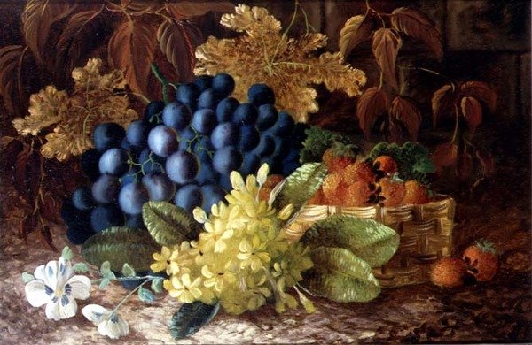 Zátiší z hroznů a košík jahod na mechem obrostlém břehu od Vincent (after) Clare