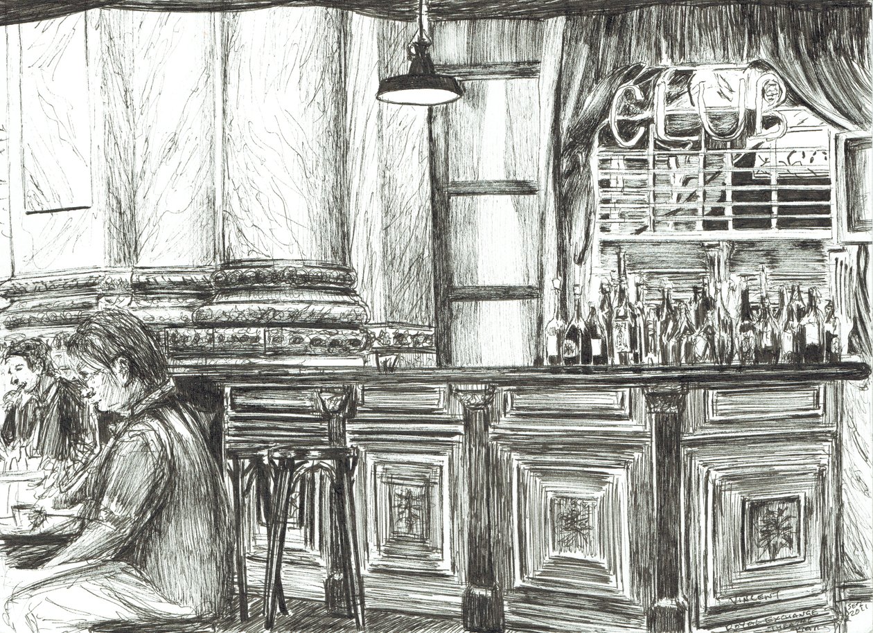 Cafe at the Royal Exchange, Manchester, 2011, ( Tuš na papíře) od Vincent Alexander Booth