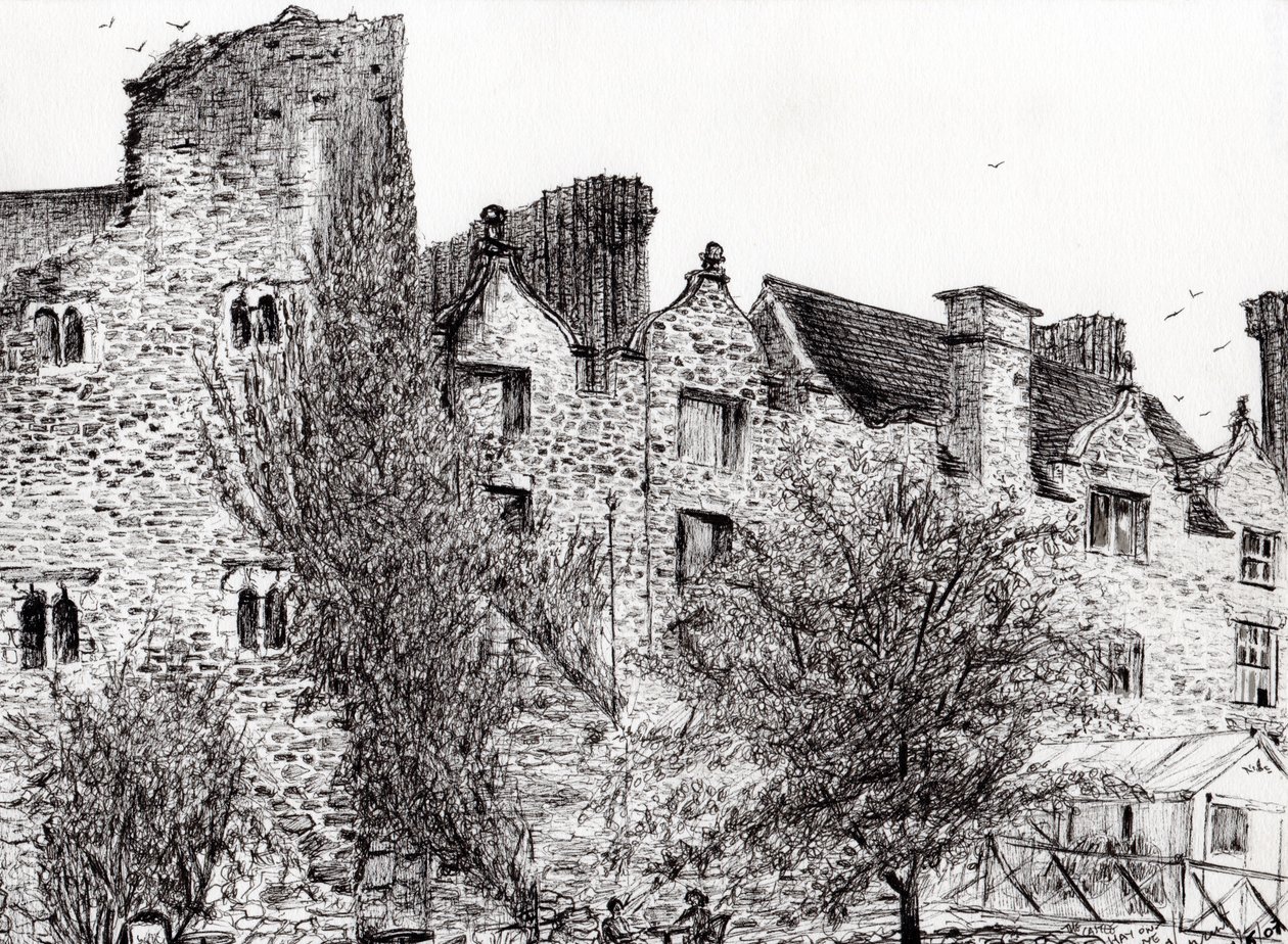 Zřícenina hradu Hay on Wye, 2007, (inkoust na papíře) od Vincent Alexander Booth