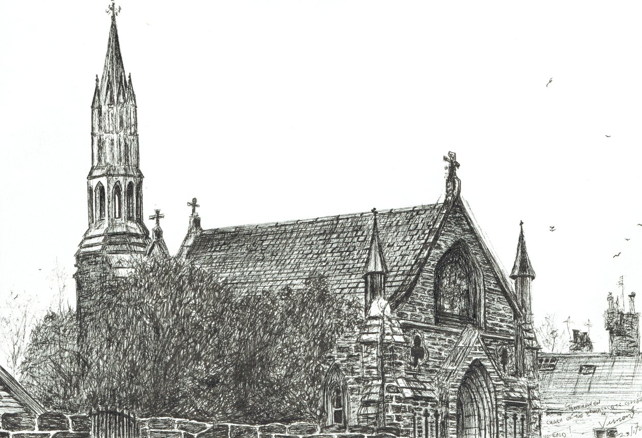 Kostel ve Stonehaven, Skotsko, 2007, (inkoust na papíře) od Vincent Alexander Booth