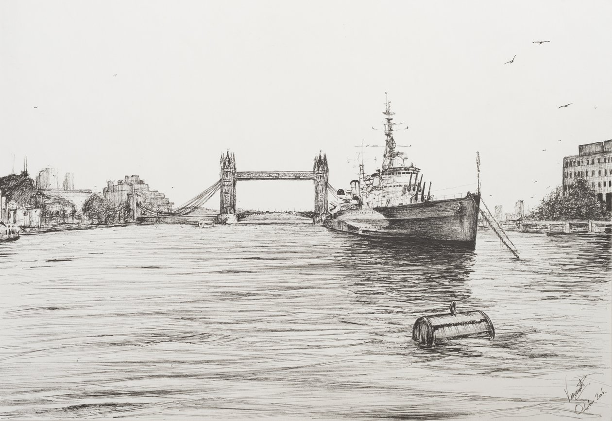 HMS Belfast na řece Temži Londýn, 2006, (Ink on Paper) od Vincent Alexander Booth