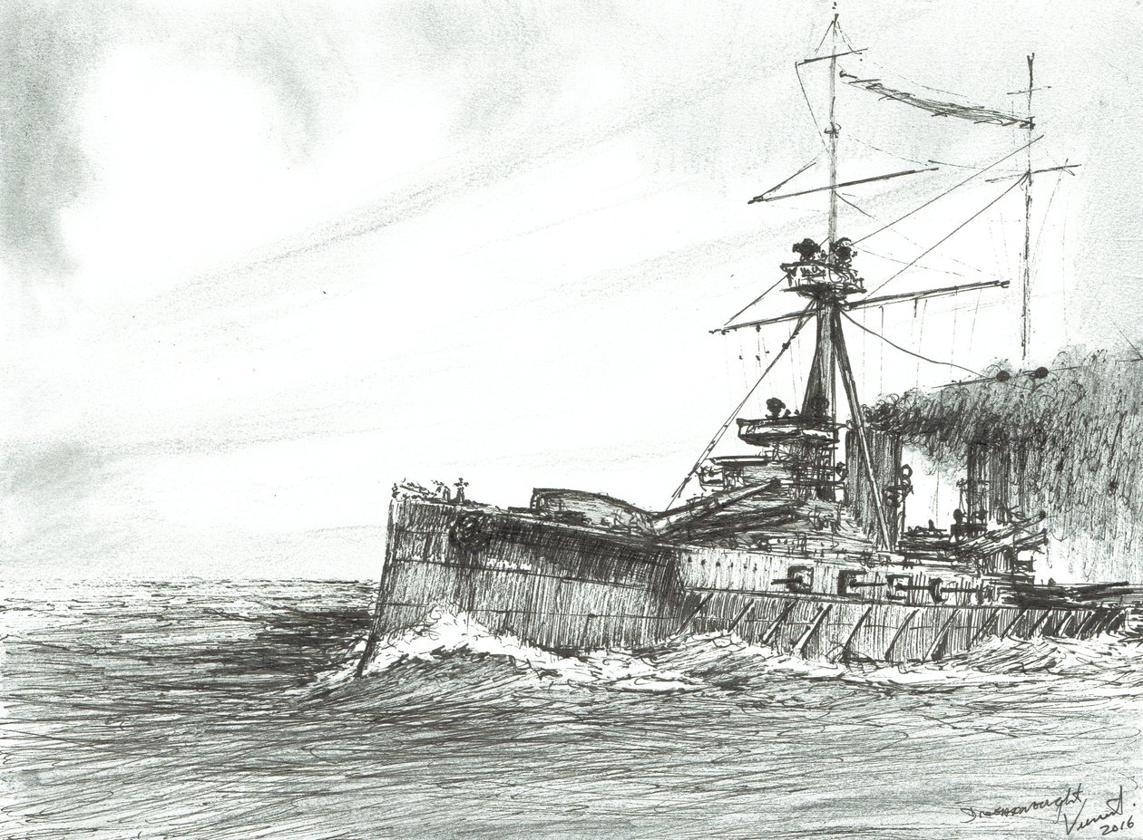 HMS Dreadnought na moři, 2017, (tuš na papíře) od Vincent Alexander Booth