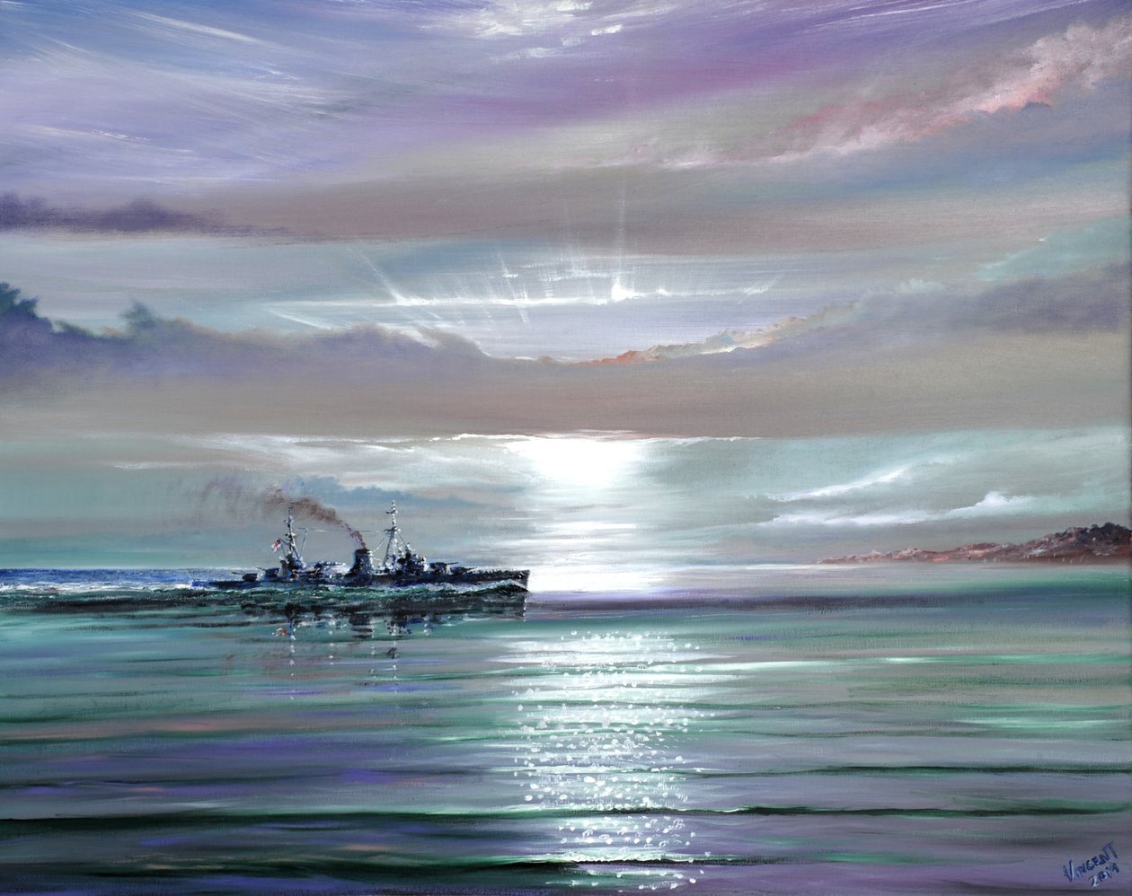HMS Neptun, Středomoří prosinec 1941, 2019 (olej na plátně) od Vincent Alexander Booth
