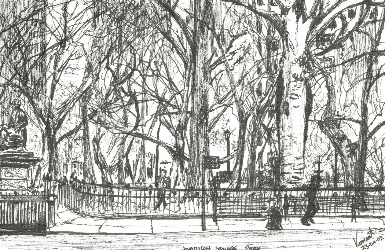 Madison square park New York, 2003, (tuš na papíře) od Vincent Alexander Booth