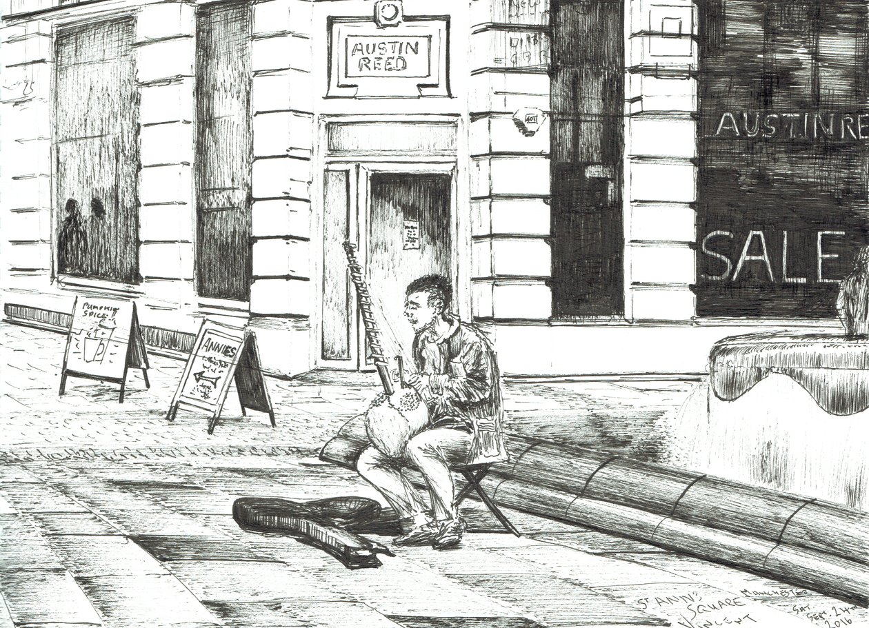 Hudebník St. Anns Square, 2016, (Inkoust na papíře) od Vincent Alexander Booth