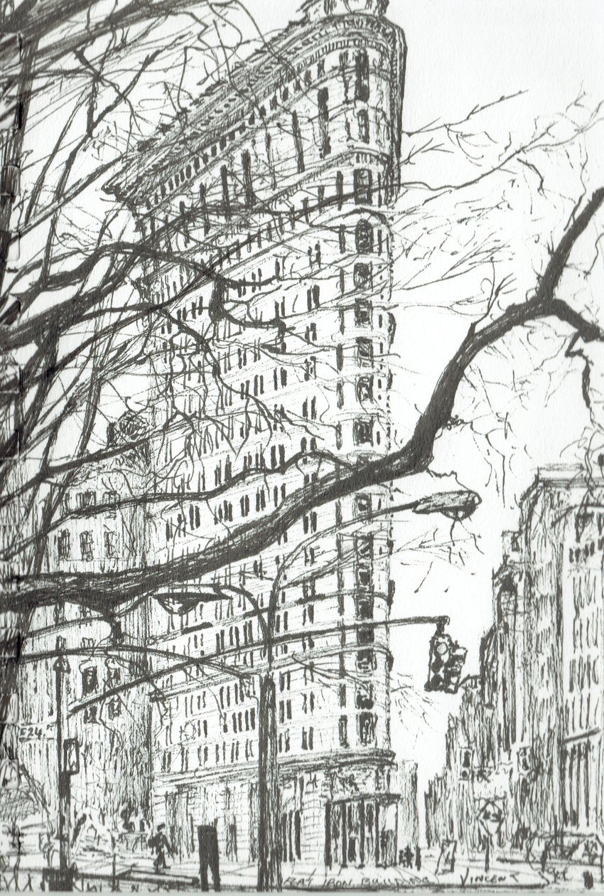 New York Flat Iron Building, 2003, (inkoust na papíře) od Vincent Alexander Booth