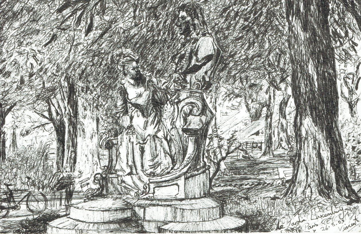 Socha v Jardin Luxembourg Paris, 2003, (inkoust na papíře) od Vincent Alexander Booth