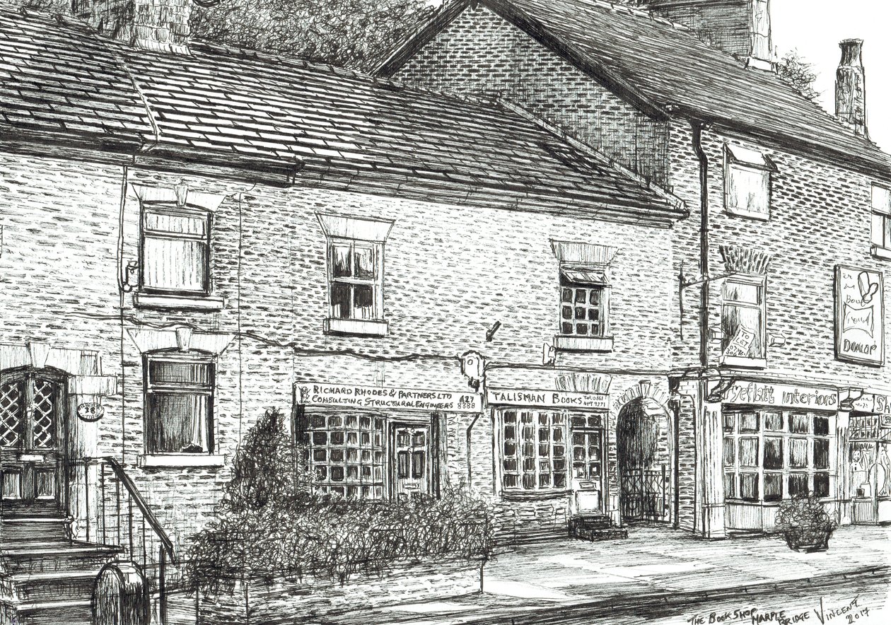 The Book shop na Marple Bridge, 2017, (inkoust na papíře) od Vincent Alexander Booth