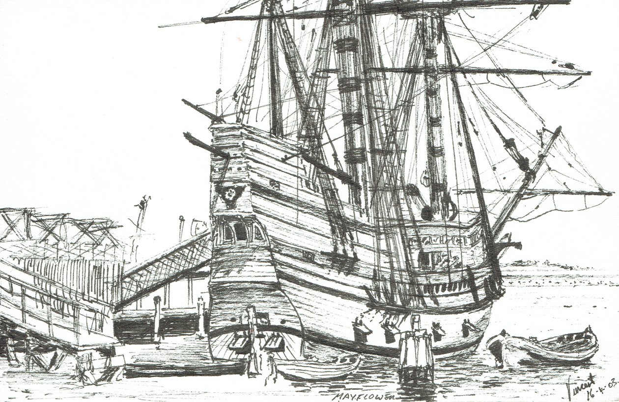 Mayflower, Plymouth, Massachusetts. 2003, (Inkoust na papíře) od Vincent Alexander Booth