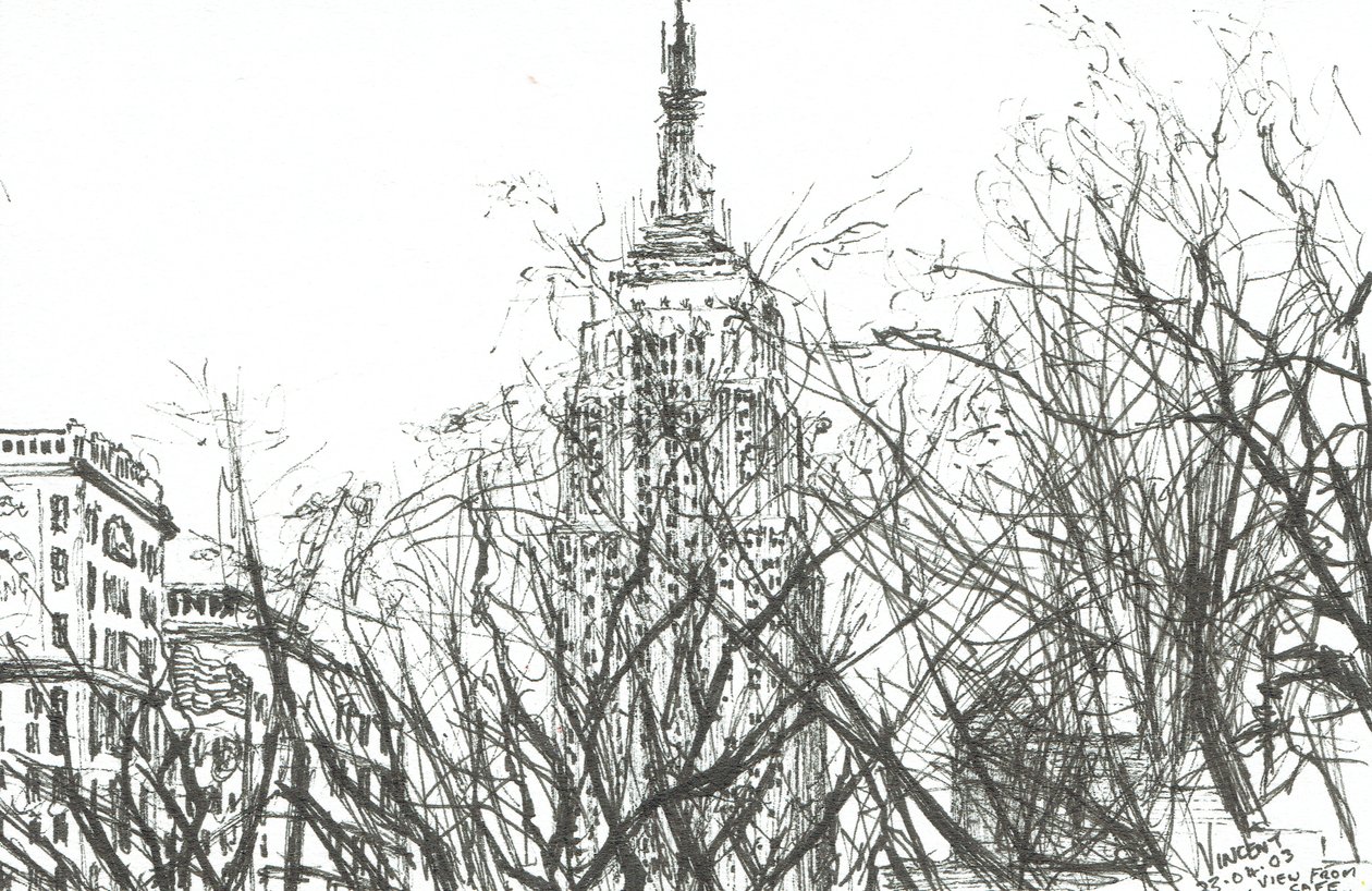 Pohled z kavárny New York, 2003, (tuš na papíře) od Vincent Alexander Booth