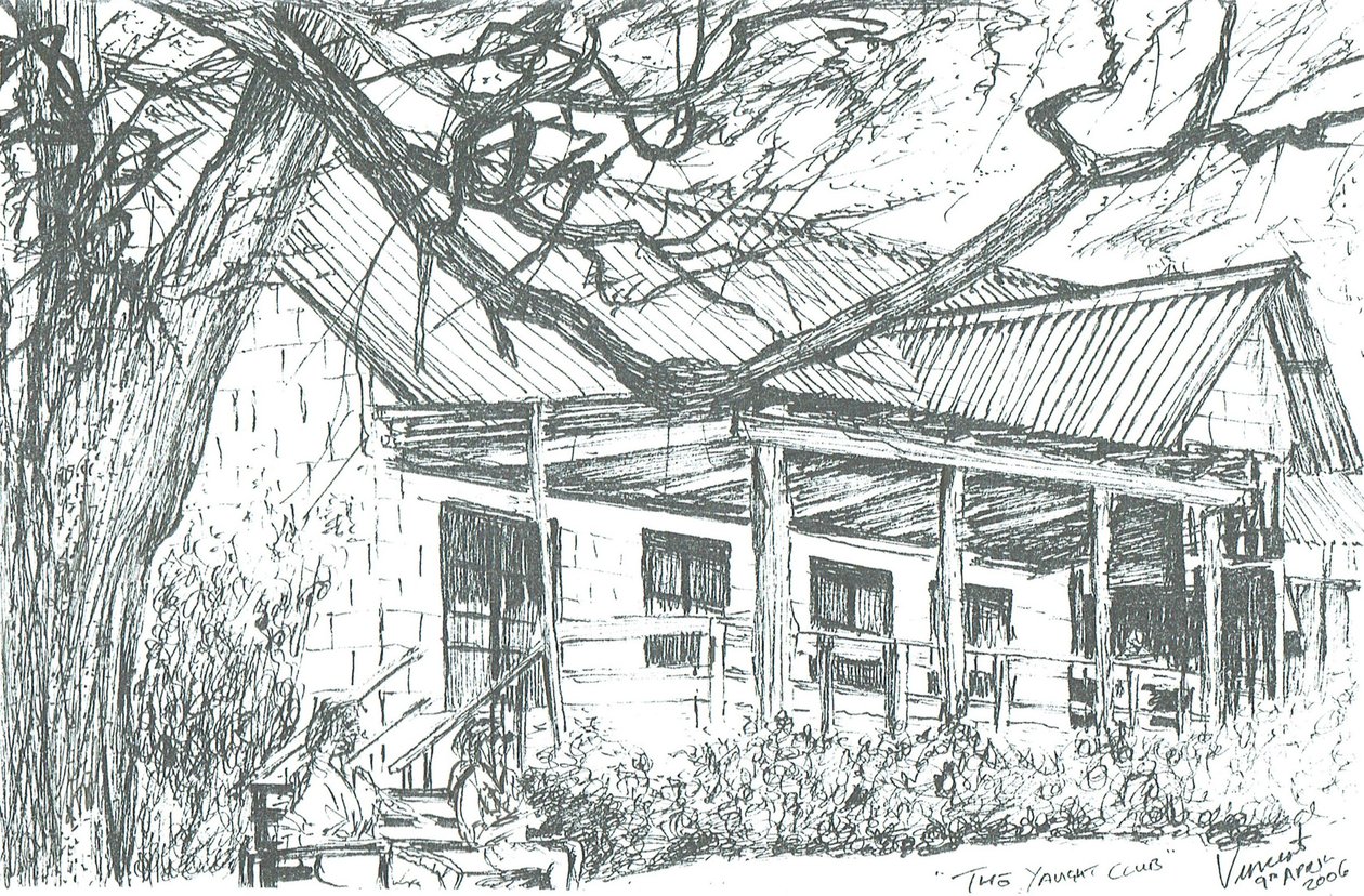Yacht club u jezera Naivasha;Keňa; 2006; (inkoust na papíře) od Vincent Alexander Booth