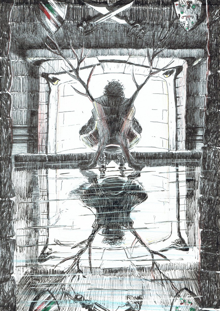 strana15, Hrad v lese Findhorn, 2006, (tuš na papíře) od Vincent Alexander Booth