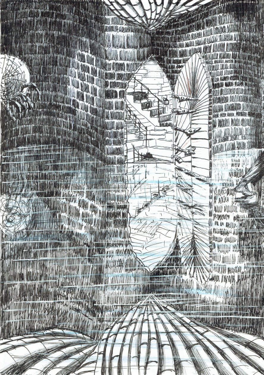 strana23, Hrad v lese Findhorn, 2006, (tuš na papíře) od Vincent Alexander Booth