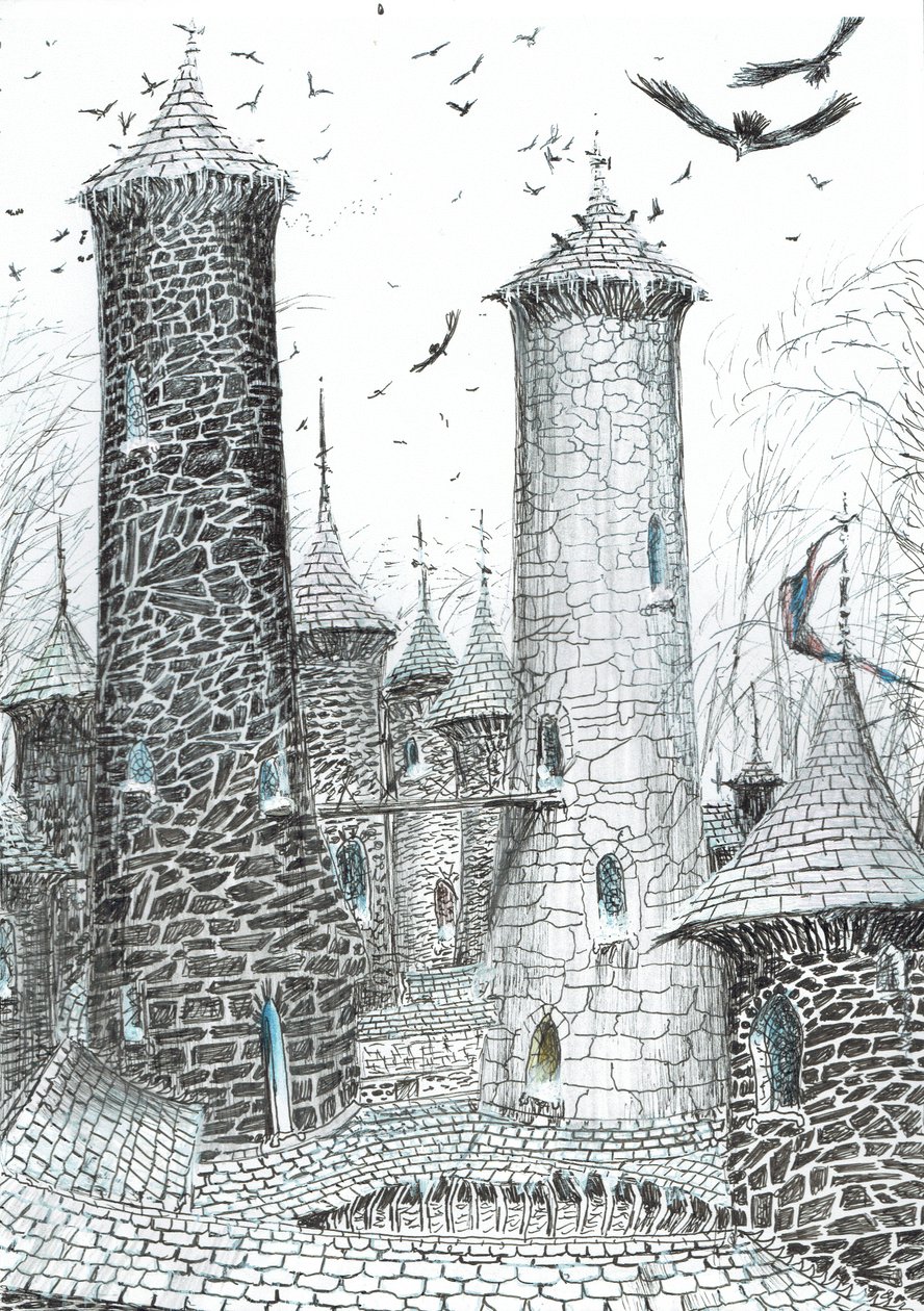 strana 9, Zámek v lese Findhorn, 2006, (tuš na papíře) od Vincent Alexander Booth