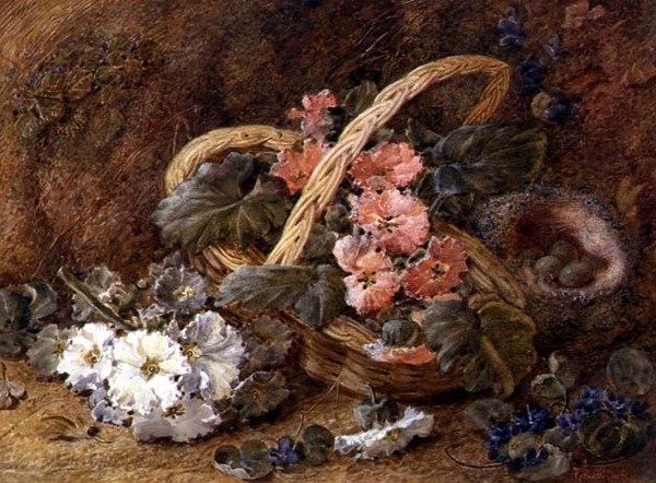 Ptačí hnízdo a košík květin (akvarel) od Vincent Clare