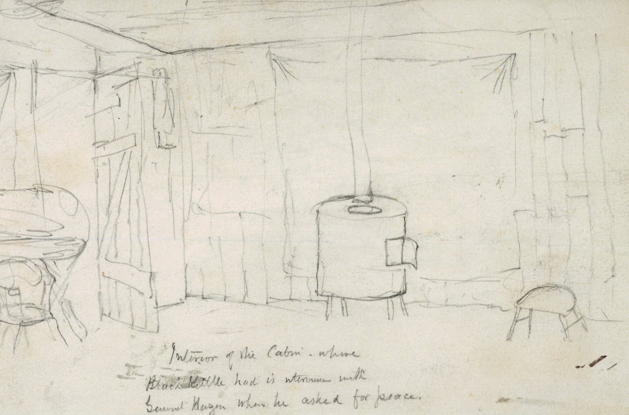 Interiér chaty, kde Černý Kettle jednal s generálem Hazenem, když žádal o mír, 1869-71 od Vincent Colyer