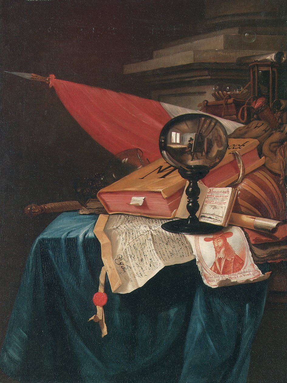 Zátiší Vanitas s umělcem u jeho stojanu odrážejícího se v křišťálové kouli od Vincent Laurensz van der Vinne