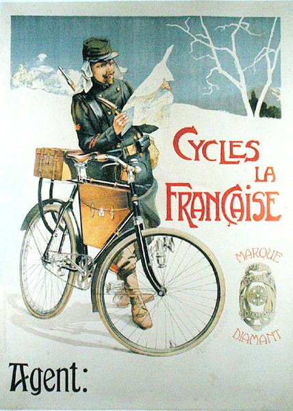 Voják na kole čte mapu, plakát inzerující cykly „La Francaise“ (barevné lito) od Vincent Lorant Heilbronn