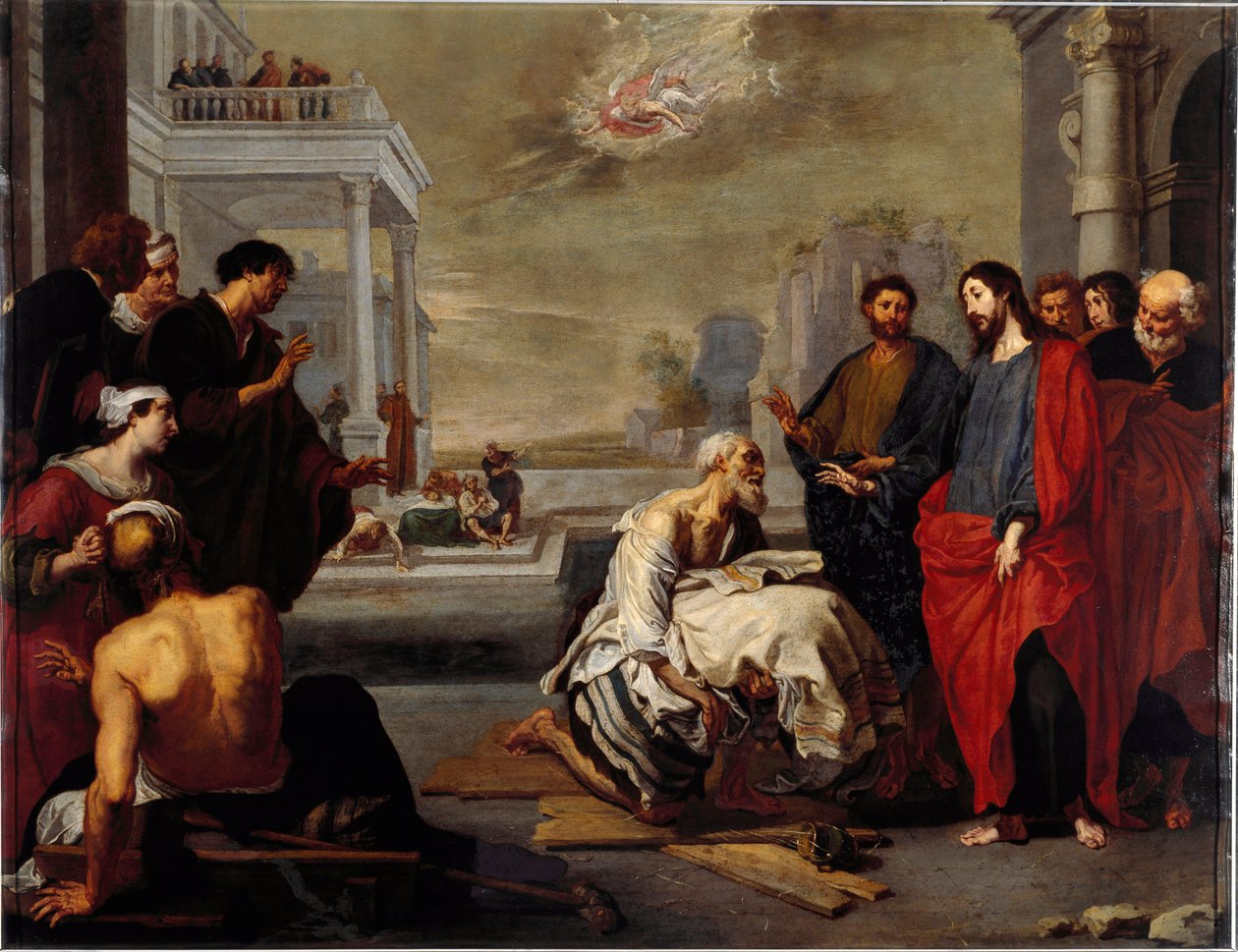 Ježíš zázračně znepokojil ochrnutého na malbě Capharnaum od Vincenta Malo (ca. Genes, Národní galerie Palazzo Spinola Itálie od Vincent Malo