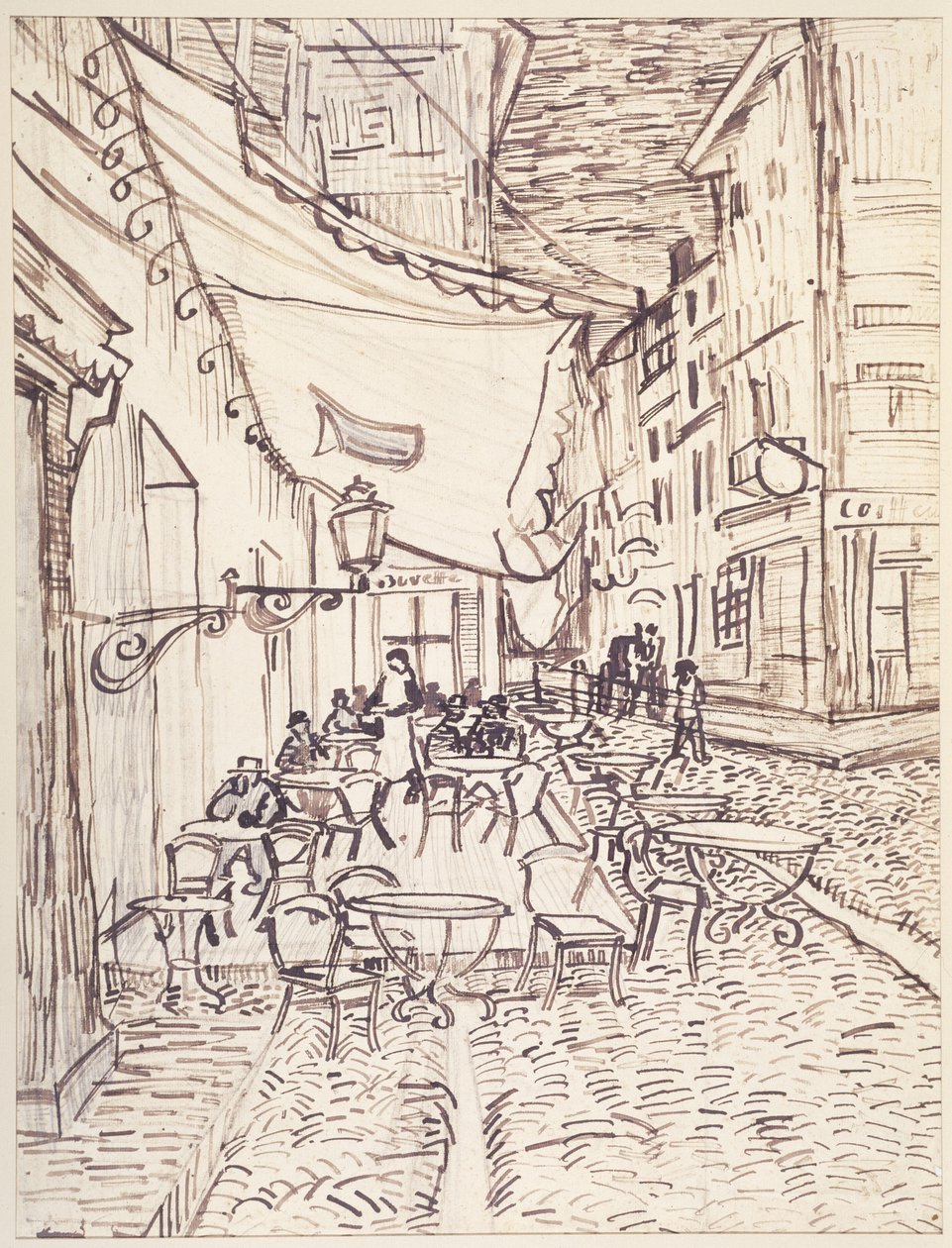 Cafe Terrace at Night, září 1888 (rákosové pero a inkoust s grafitem na položený papír) od Vincent van Gogh