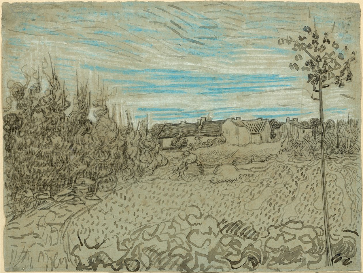 Chalupy s ženou pracující v mezipatře od Vincent van Gogh