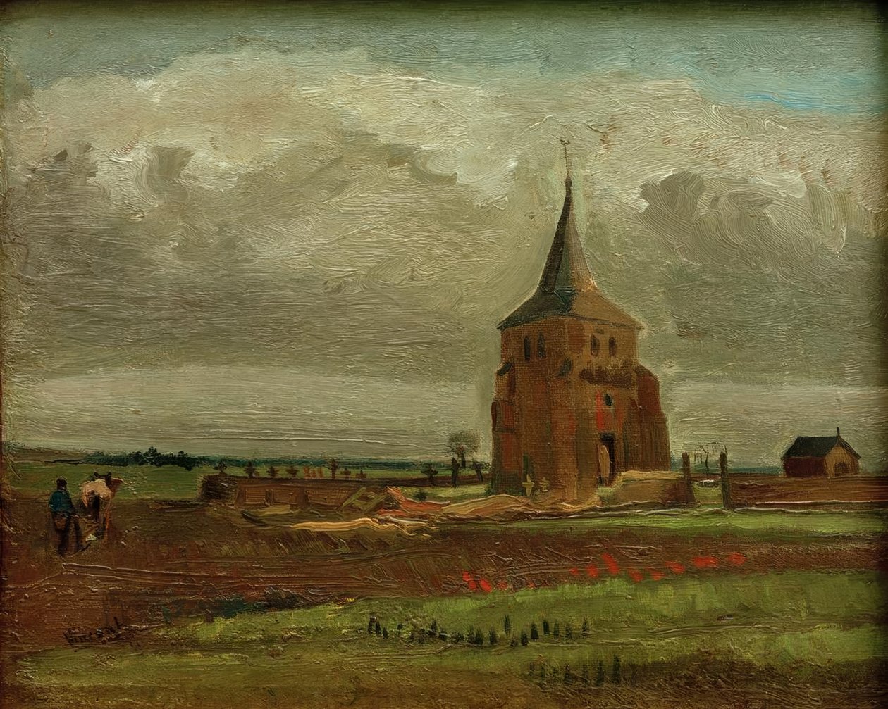 Stará hřbitovní věž v Nuenenu s orajícím farmářem od Vincent van Gogh