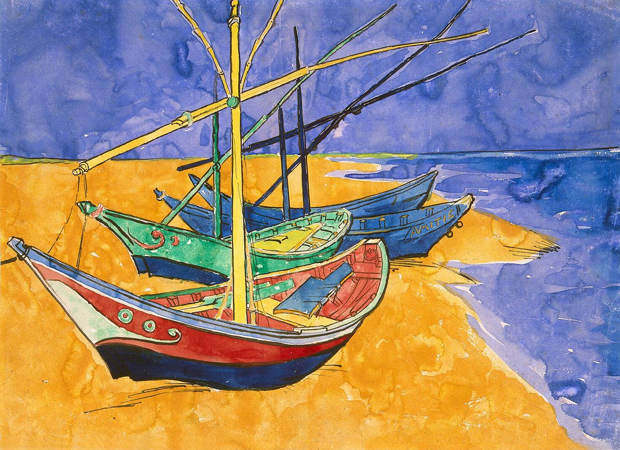 Rybářské lodě na pláži v Saintes-Maries-de-la-Mer (pero a inkoust s akvarelem na papíře) od Vincent van Gogh