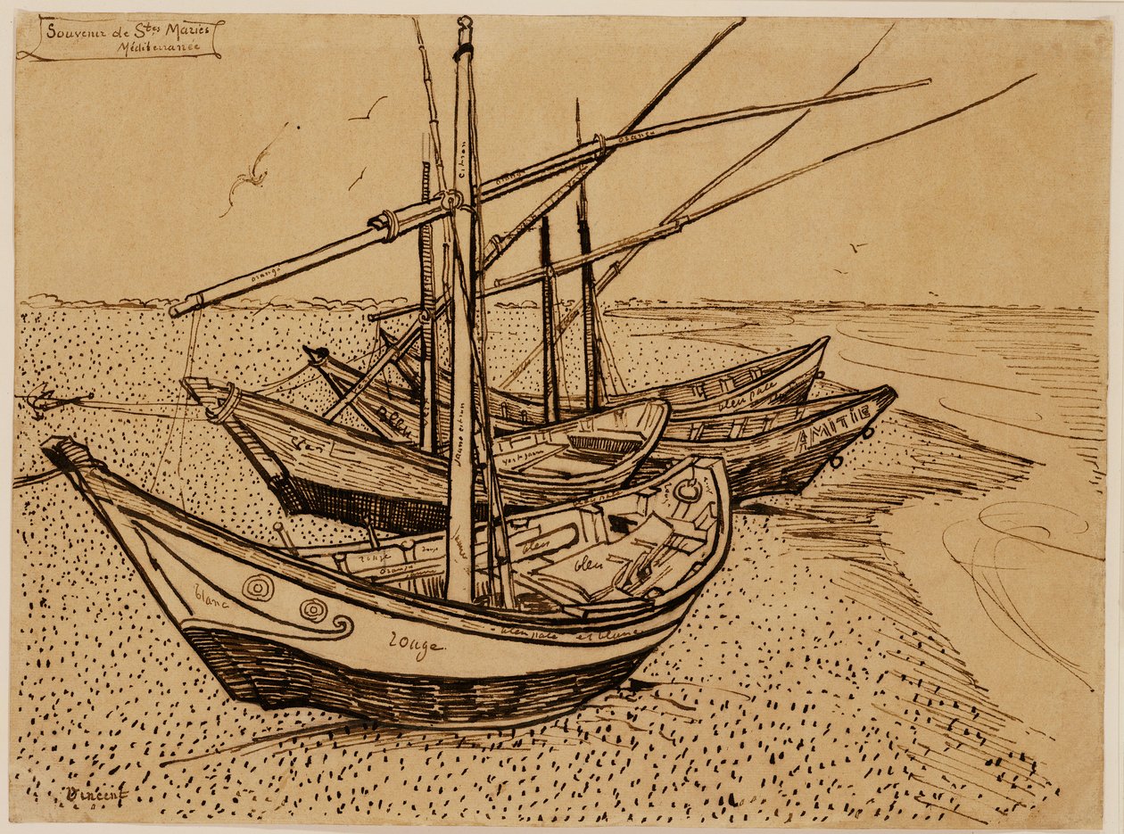 Rybářské lodě na pláži v Saintes-Maries-de-la-Mer od Vincent van Gogh