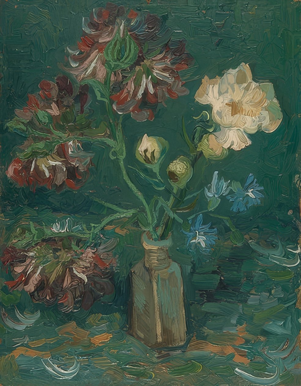 Láhev s pivoňkami a delphinium. 1886 od Vincent van Gogh
