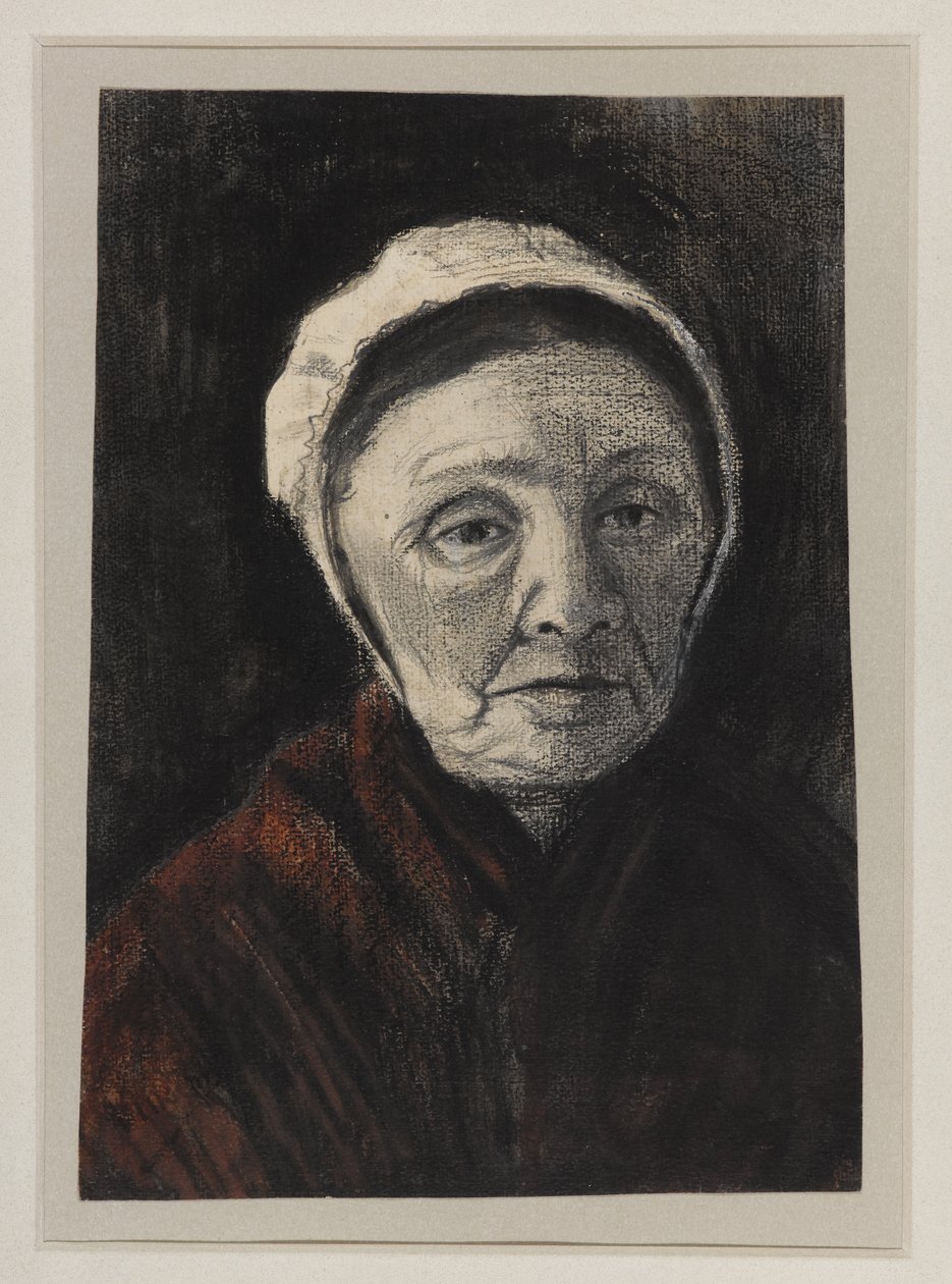 Hlava staré ženy v čepici Scheveningera, 1882-83 (uhl, černá a hnědá křída na papíře) od Vincent van Gogh