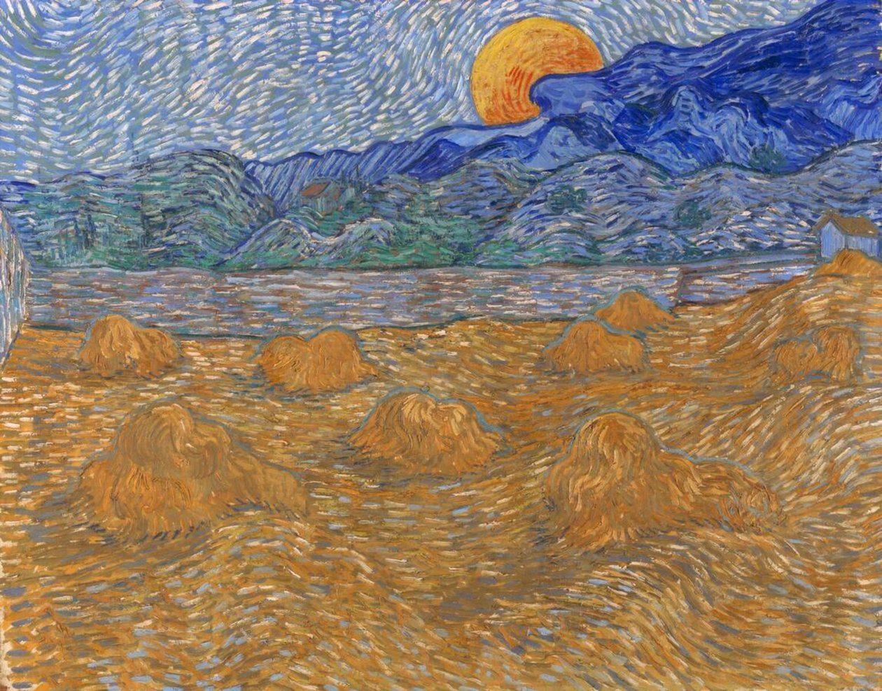 Krajina s pšeničnými snopy a vycházejícím měsícem od Vincent van Gogh