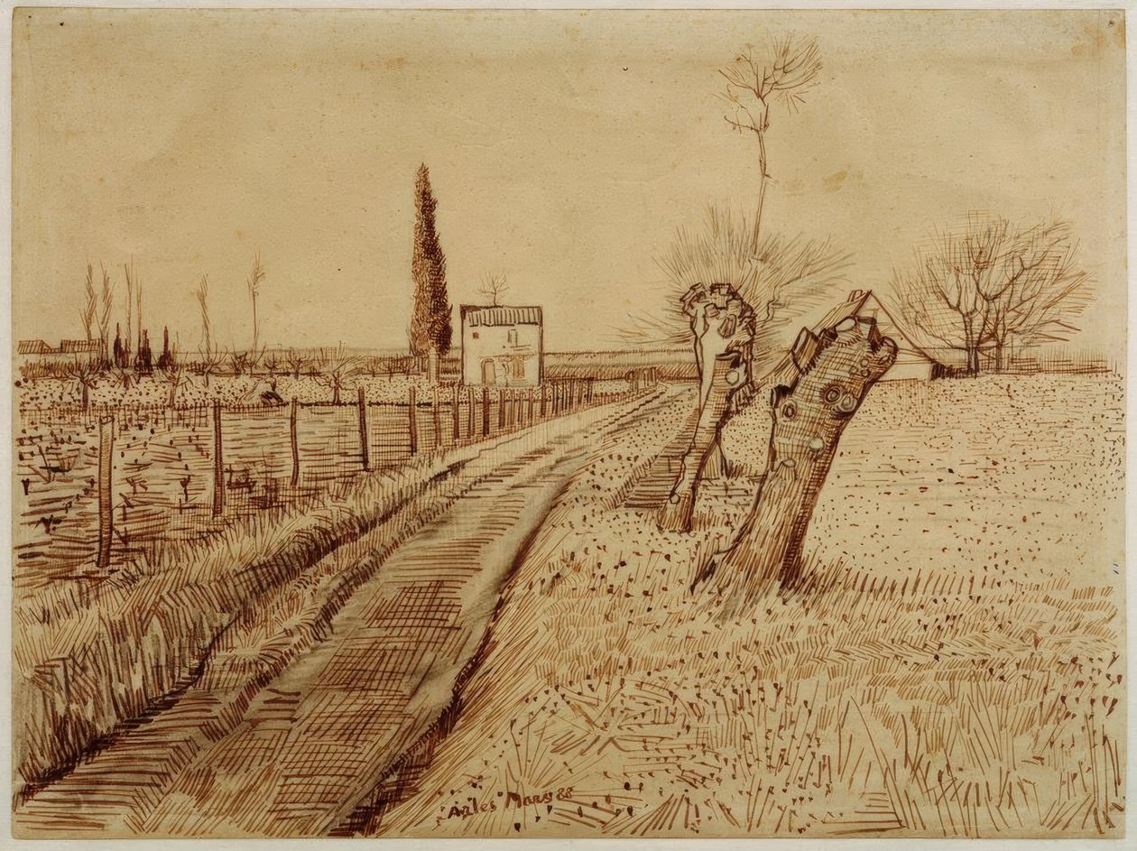 Krajina s cestou a znečištěnými vrbami od Vincent van Gogh