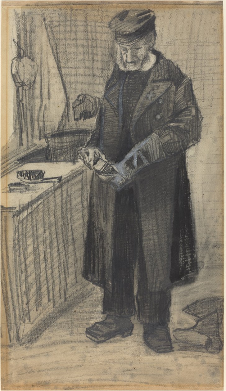 Muž leštící botu, 1882 (černá křída a šedá barva, s bílým zvýrazněním na tkaném papíře) od Vincent van Gogh