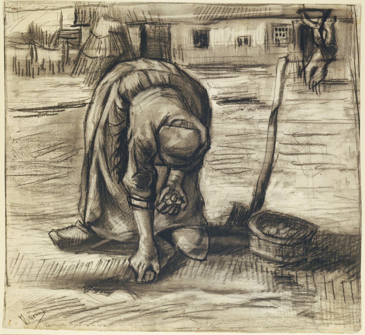 Rolnice sázející brambory, kolem roku 1885 (černá křída a dřevěné uhlí na papíře) od Vincent van Gogh