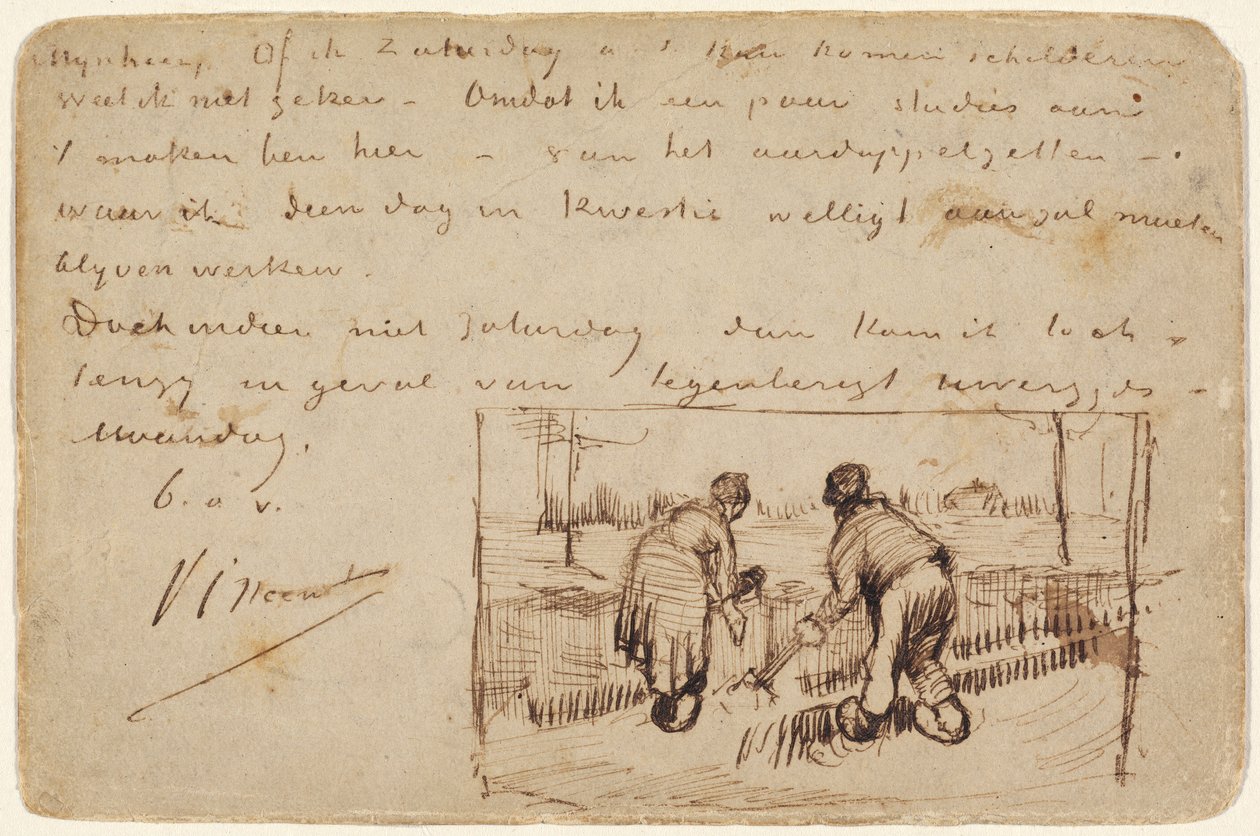Pohlednice s kopáním dvou rolníků, 1885 (pero a hnědý inkoust na pohlednici) od Vincent van Gogh