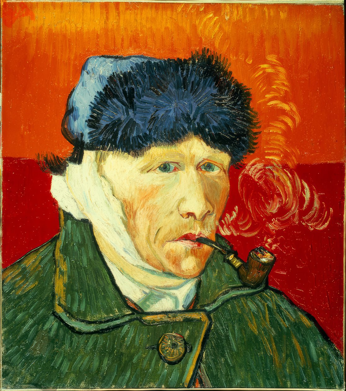 Autoportrét s kožešinovou čepicí, zavázaným uchem a dýmkou od Vincent van Gogh