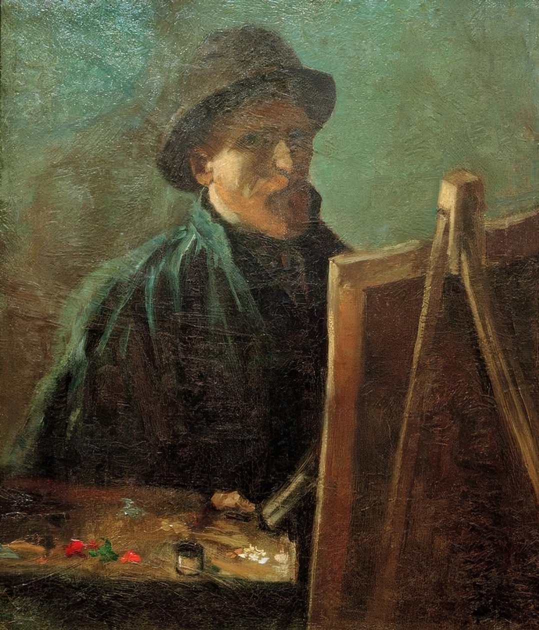 Autoportrét s tmavou kožešinovou čepicí před stojanem od Vincent van Gogh