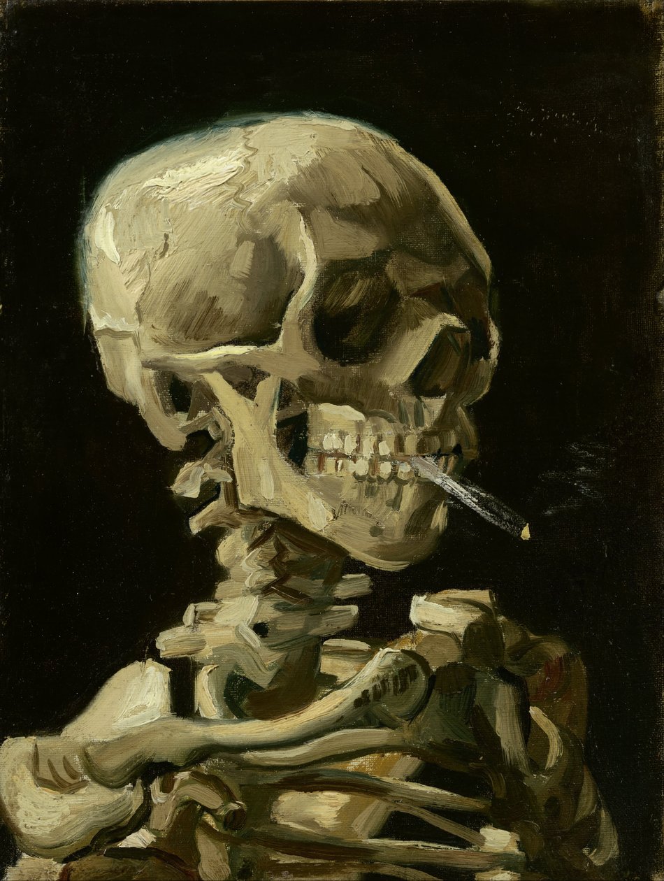 Lebka kostry s hořící cigaretou, kolem roku 1886 (olej na plátně) od Vincent van Gogh