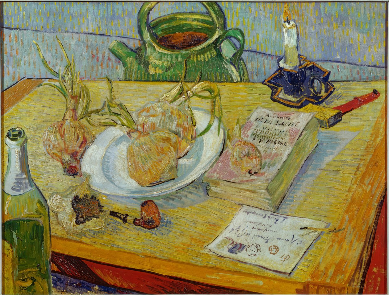 Zátiší s rýsovacím prknem, dýmkou, cibulí a pečetním voskem od Vincent van Gogh