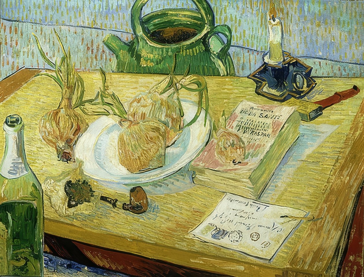 Zátiší s rýsovacím prknem, dýmkou, cibulí a pečetním voskem. 1889 od Vincent van Gogh