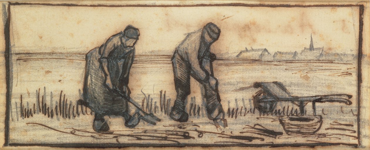 Sklizeň brambor, ze série čtyř kreseb znázorňujících čtyři roční období (tužka, pero a hnědá tuš na papíře) (viz také 61643-5) od Vincent van Gogh